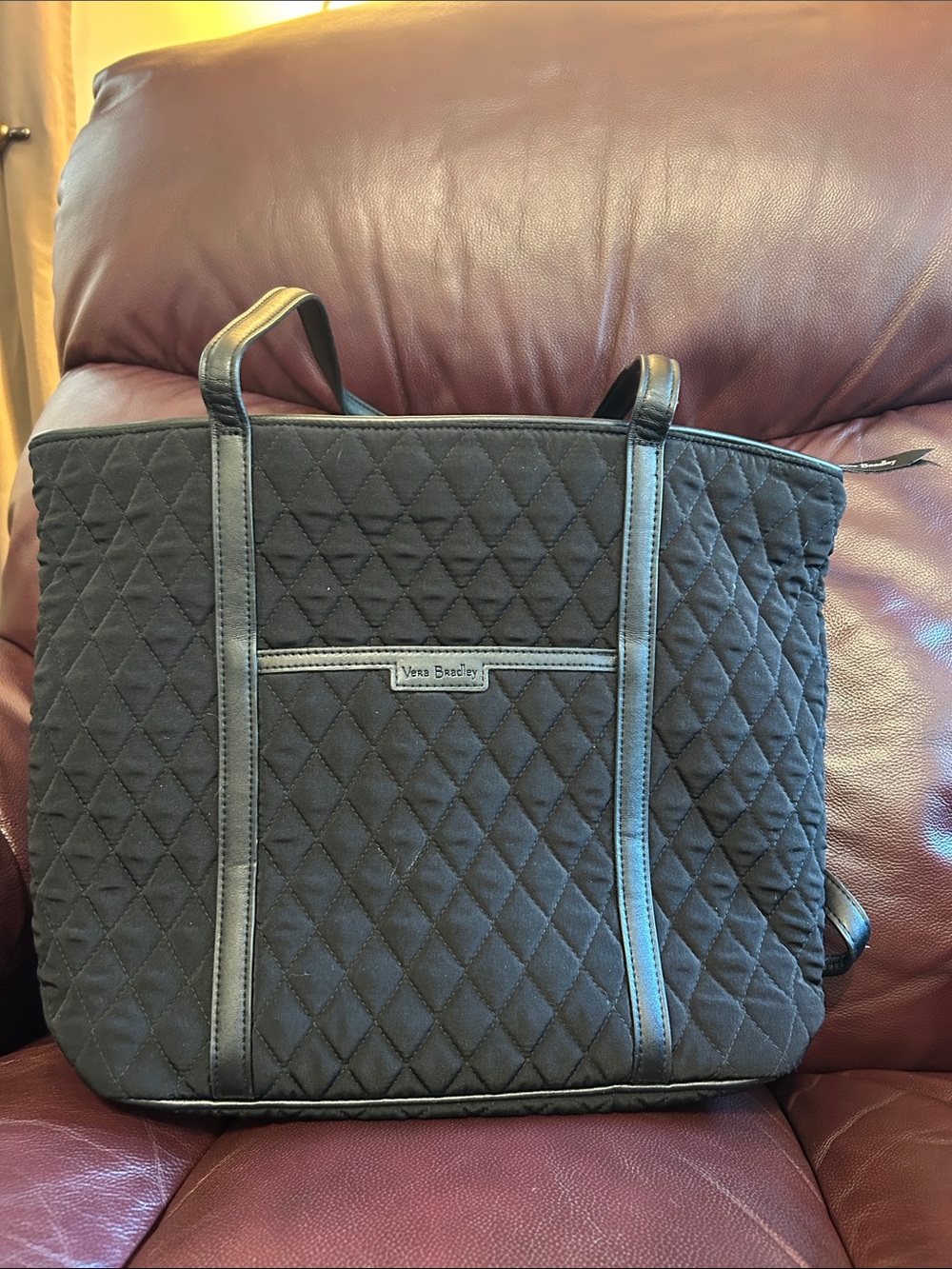 Vera Bradley Black Quilted Tote with Leather Trim